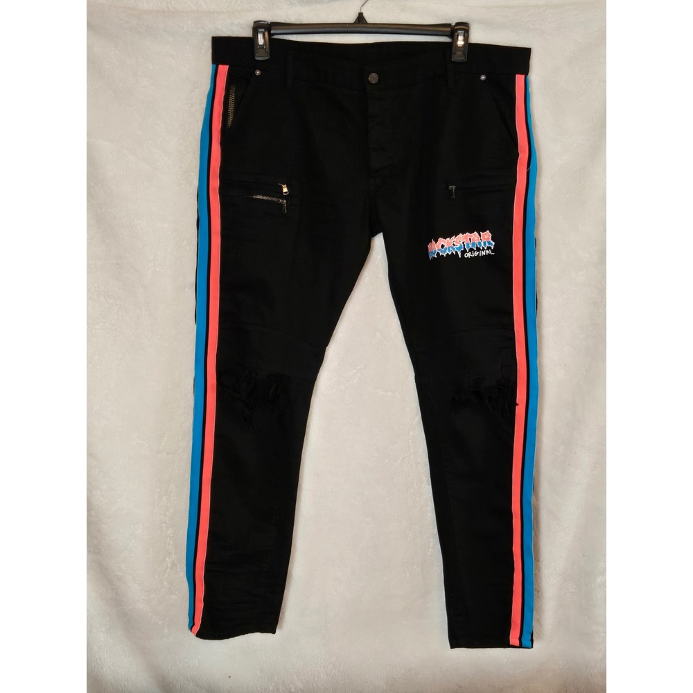 Rockstar Original Mens 40× 32 RSM 265 BLL Biker Jeans Black Pink Blue Stripe